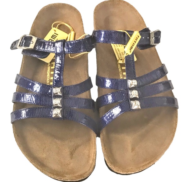 NEW BIRKENSTOCKS Blue Rhinestone Leather Suede Cork Sandals Tatami Size 38 US 7 - Picture 13 of 13